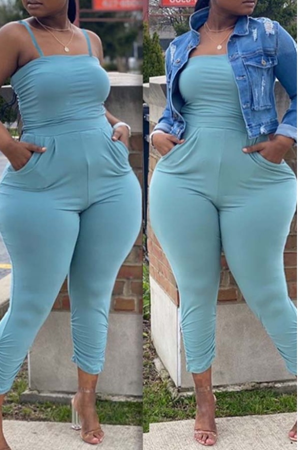 

Lovely Sexy Pocket Patched Blue One-piece Jumpsuit