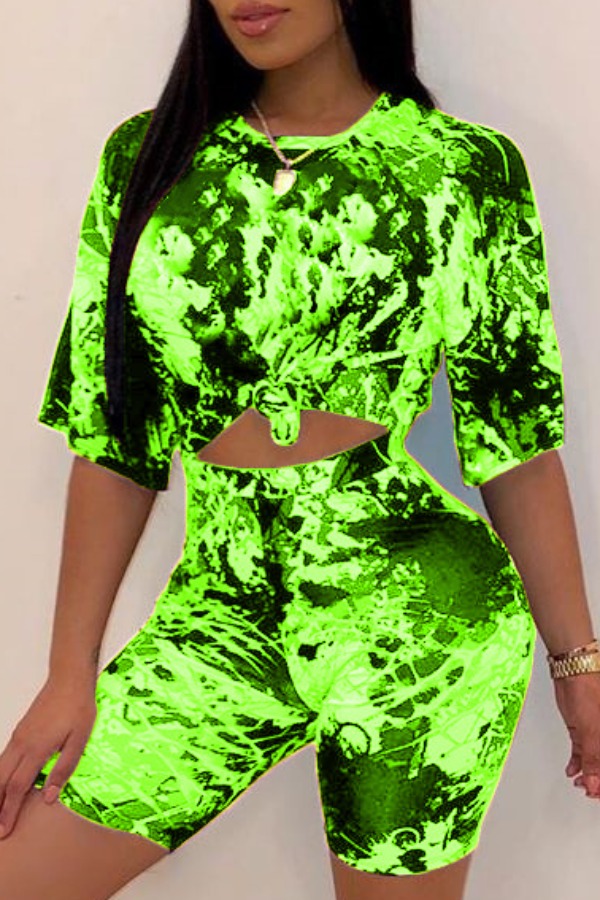 

lovely Leisure O Neck Print Green Plus Size Two-piece Shorts Set