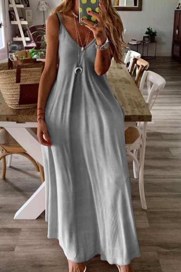 

Lovely Trendy V Neck Loose Grey Ankle Length Plus Size Dress