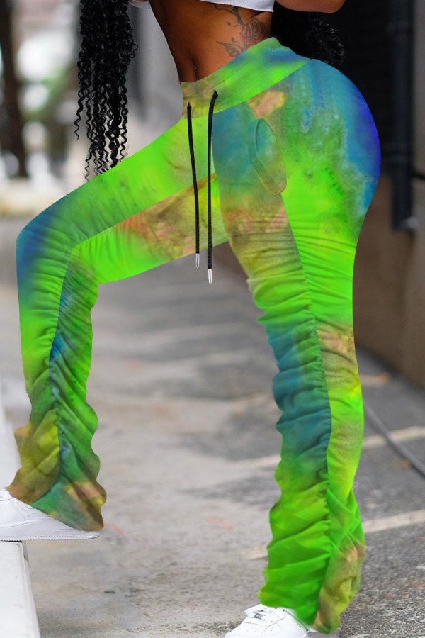 

lovely Casual Tie-dye Fold Design Light Green Pants