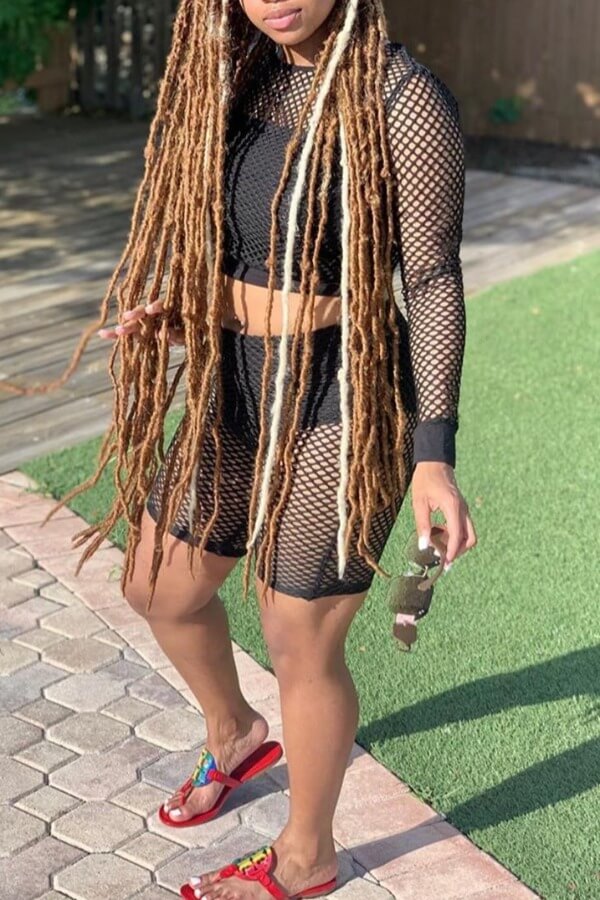 

lovely Sexy Hollow-out Black Two-piece Shorts Set