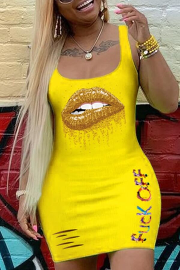 

Lovely Casual Lip Print Yellow Mini Dress