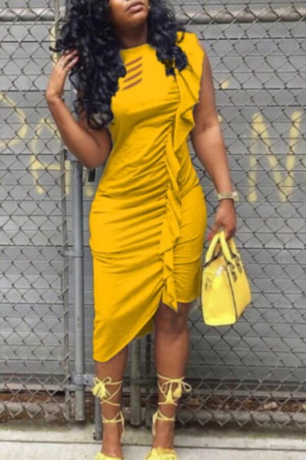 

Lovely Leisure Fold Design Asymmetrical Yellow Mid Calf Dress