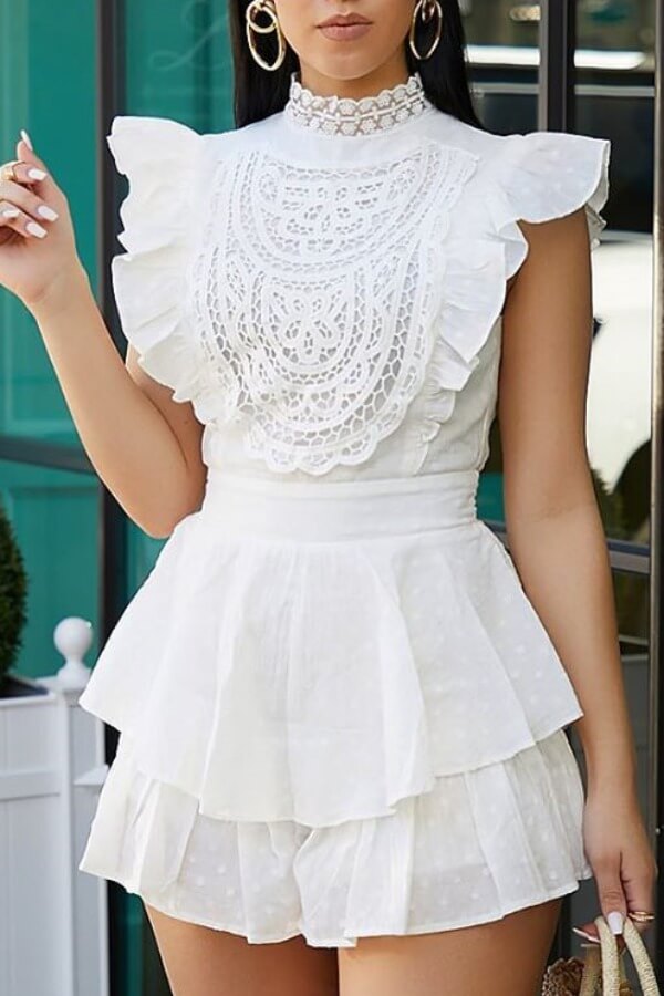 

Lovely Stylish Flounce Design White One-piece Romper