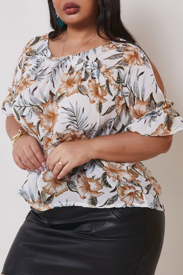 

lovely Trendy V Neck Plants Print White Plus Size Blouse