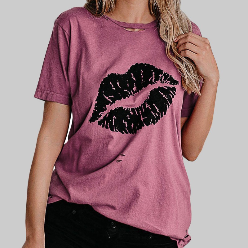 

lovely Casual Lip Print Pink Plus Size T-shirt