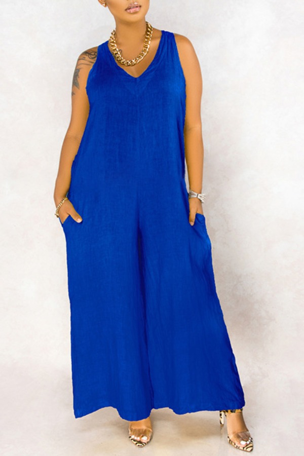 

lovely Leisure Loose Blue Plus Size One-piece Jumpsuit