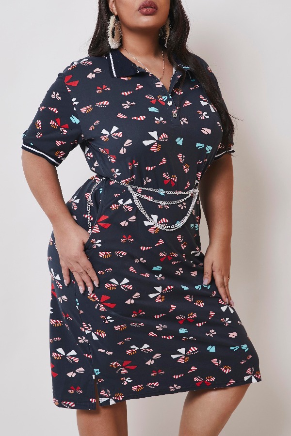 

lovely Casual Print Black Knee Length Plus Size Dress