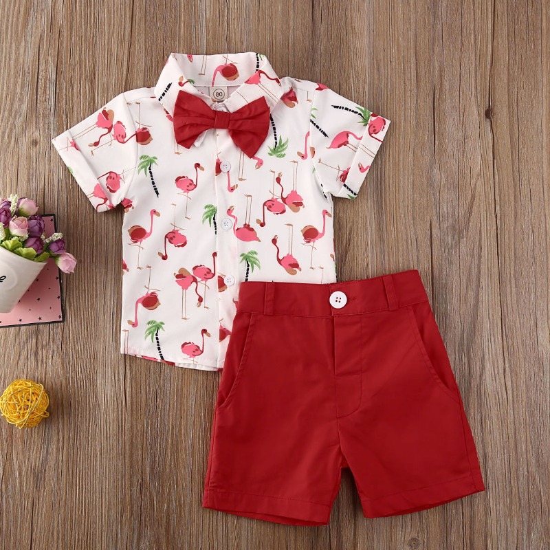 

lovely Leisure Turndown Collar Print Red Boy Two-piece Shorts Set