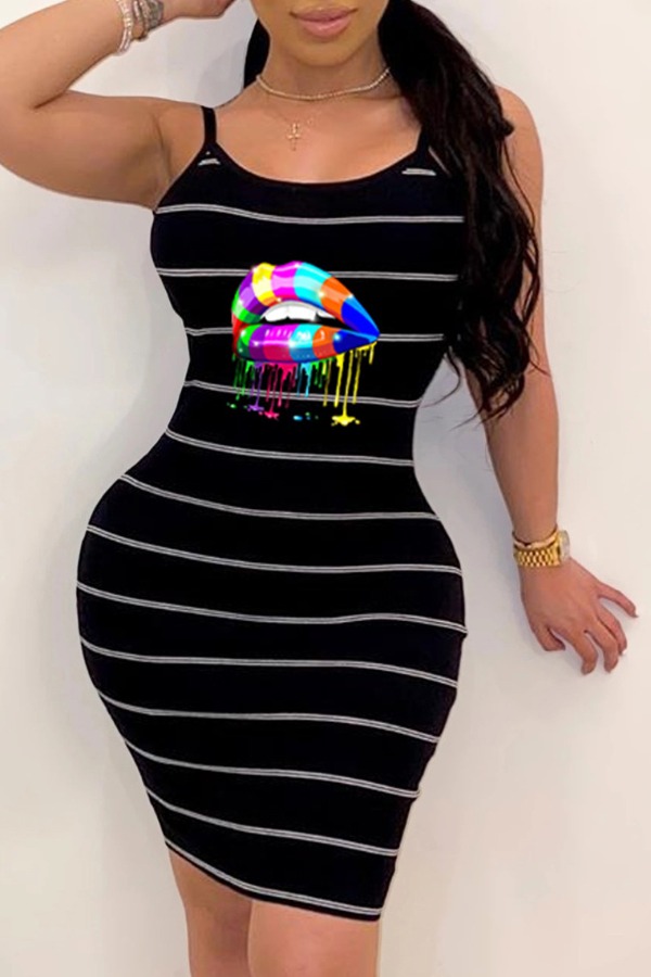 

lovely Leisure Lip Print Black Mini Dress