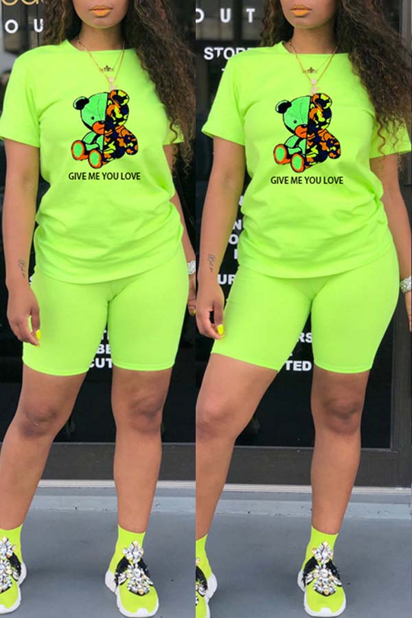 

lovely Leisure Print Green Two-piece Shorts Set