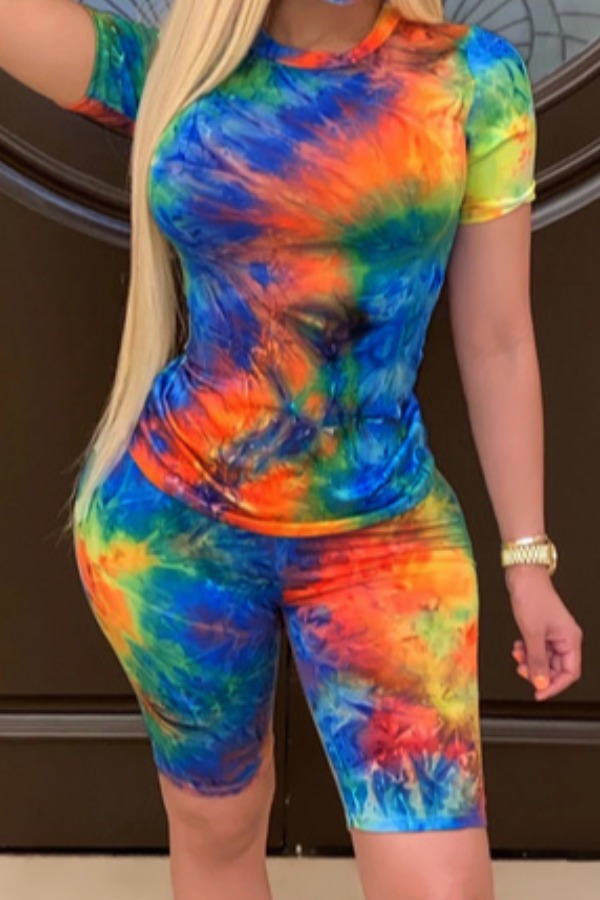 

lovely Casual Tie-dye Green Plus Size Two-piece Shorts Set