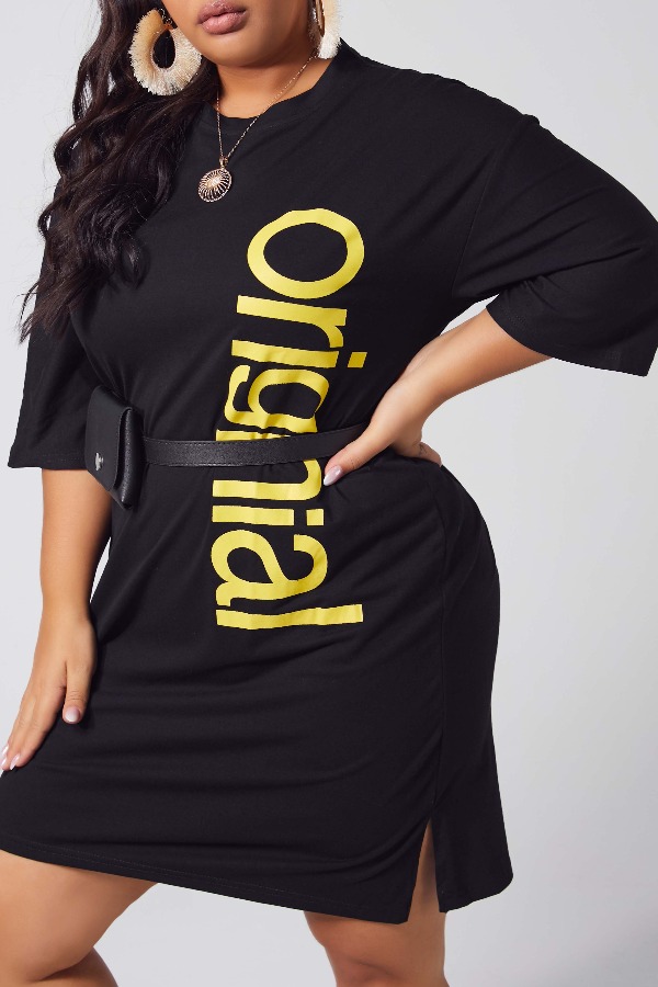 

lovely Leisure O Neck Letter Black Knee Length Plus Size Dress