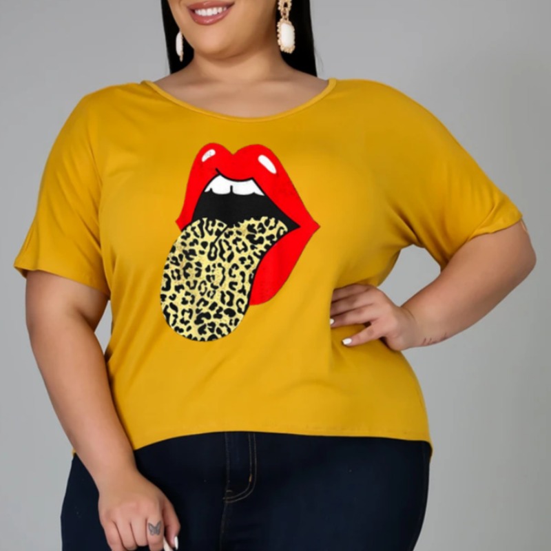 

lovely Leisure O Neck Lip Print Yellow Plus Size T-shirt
