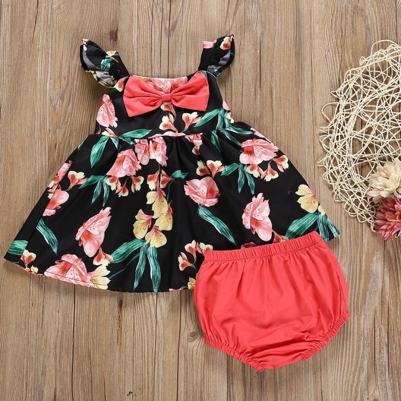 

lovely Sweet Plants Print Dark Blue Girl Two-piece Skirt Set