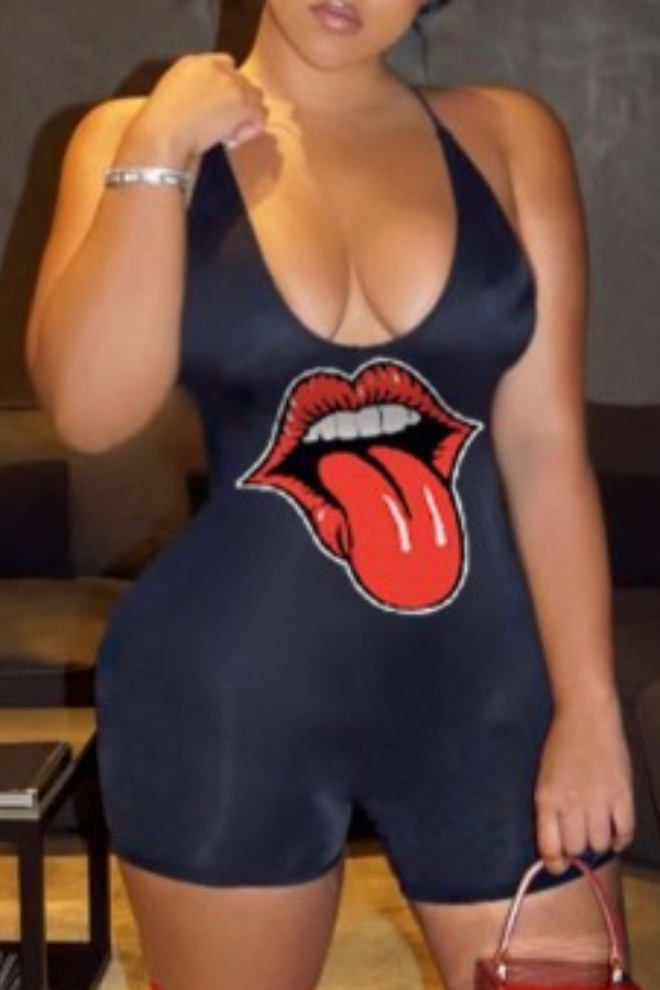 

Lovely Stylish Lip Print Black One-piece Romper