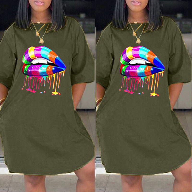 

lovely Casual Lip Print Army Green Knee Length Dress