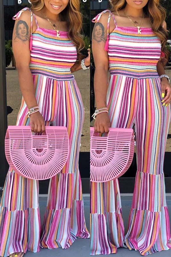 

lovely Stylish Rainbow Striped Pink One-piece Jumpsuit