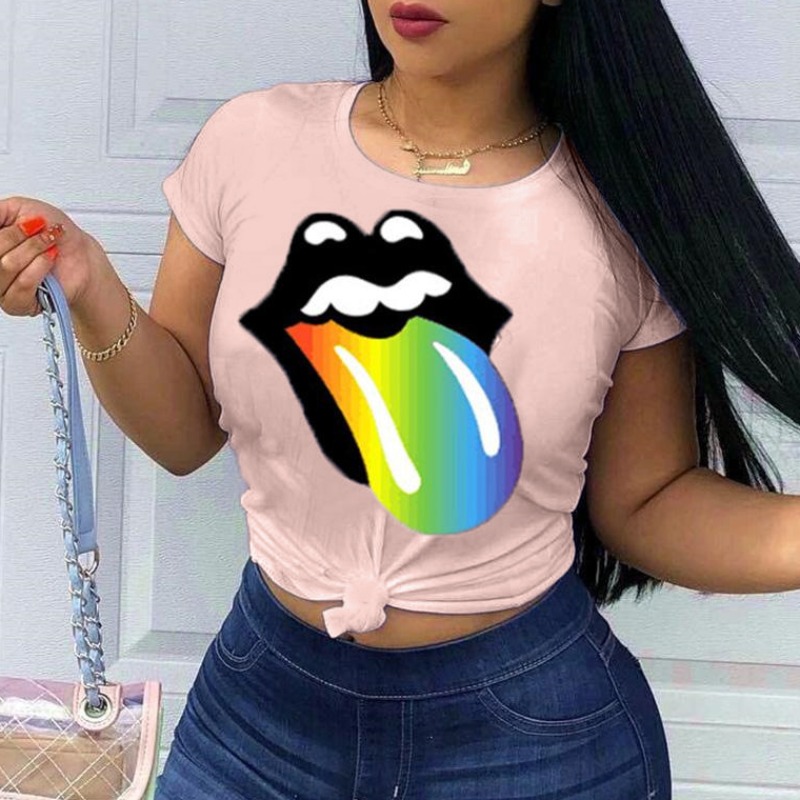 

lovely Leisure Lip Print Pink Plus Size T-shirt