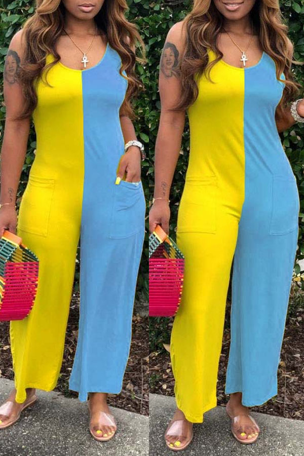 

lovely Leisure Patchwork Yellow Plus Size One-piece Jumpsuit