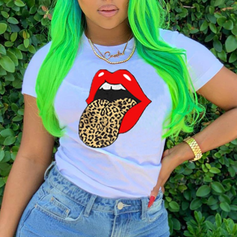 

lovely Leisure O Neck Lip Print White T-shirt