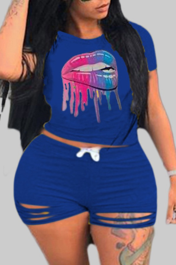 

lovely Casual Lip Print Blue Plus Size Two-piece Shorts Set
