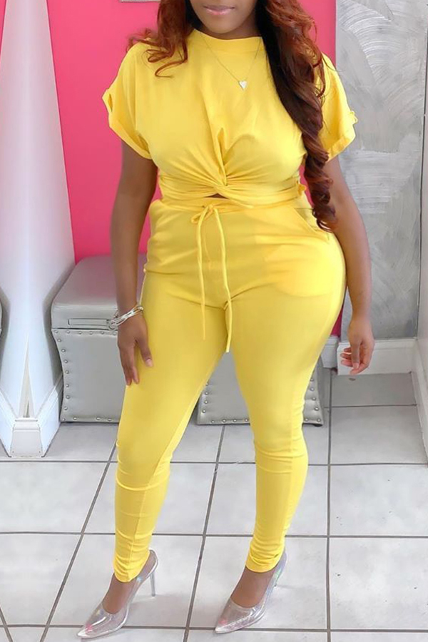 

lovely Leisure Knot Design Yellow Plus Size Two-piece Pants Set