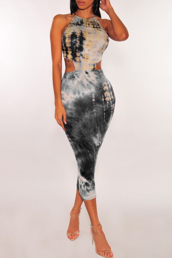 

lovely Leisure Tie-dye Black Mid Calf Dress
