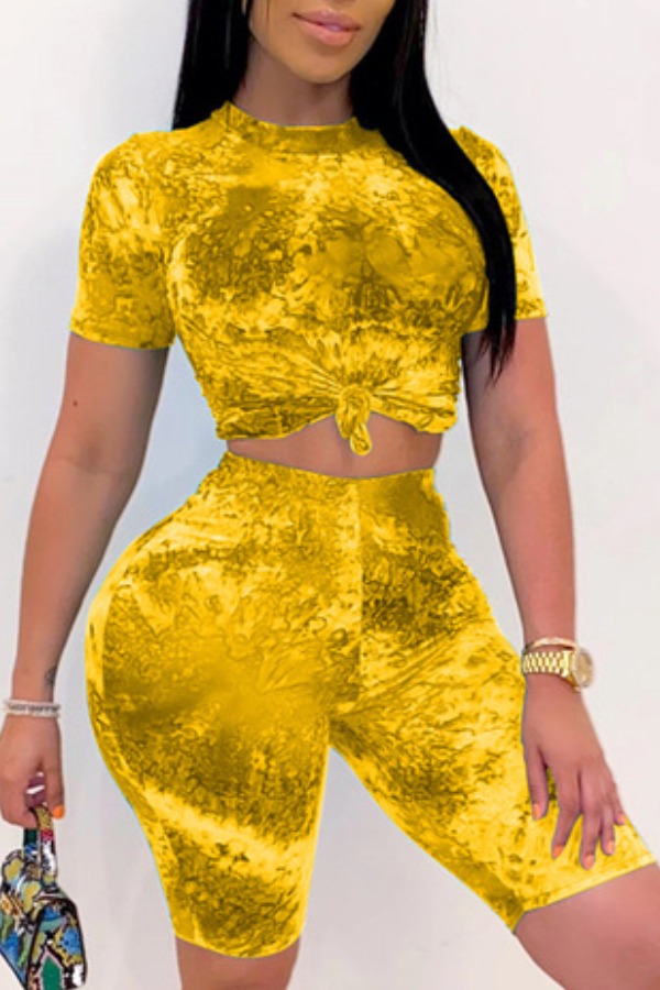 

lovely Stylish Tie-dye Yellow Plus Size Two-piece Shorts Set