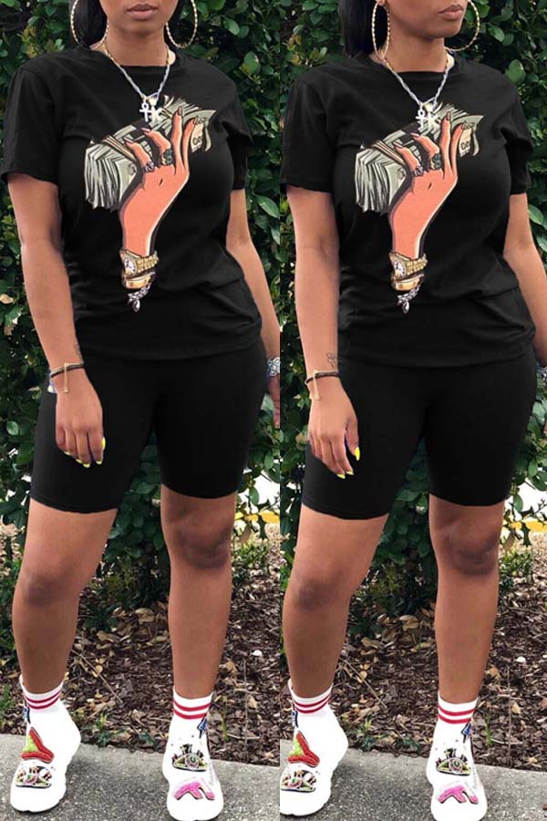 

Lovely Casual O Neck Print Black Two-piece Shorts Set