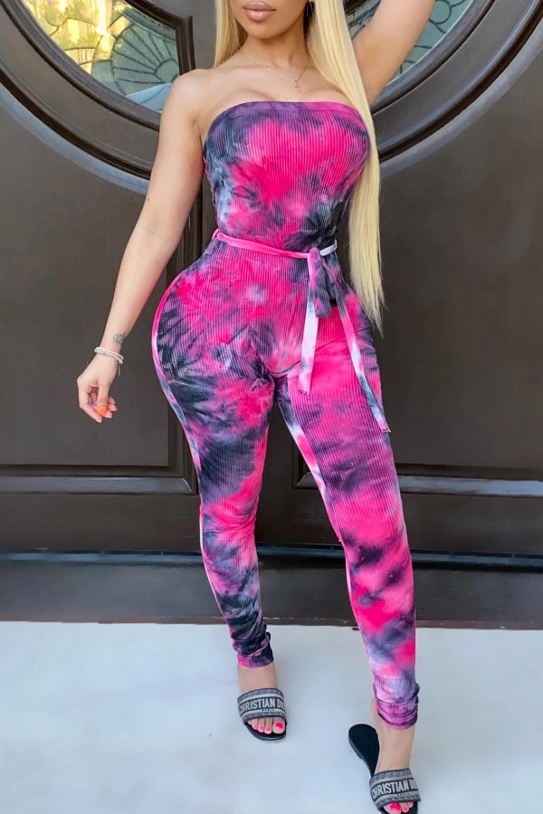 

lovely Trendy Dew Shoulder Tie-dye Rose Red One-piece Jumpsuit