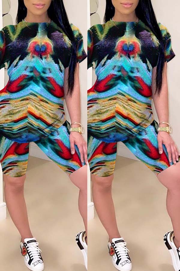 

lovely Casual O Neck Tie-dye Multicolor Two-piece Shorts Set, Multi