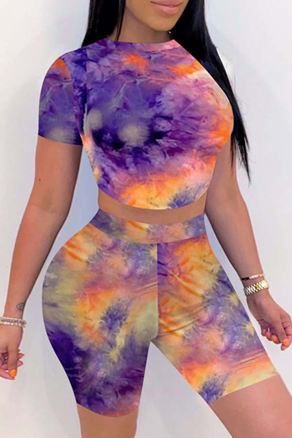 

lovely Casual O Neck Tie-dye Purple Two-piece Shorts Set