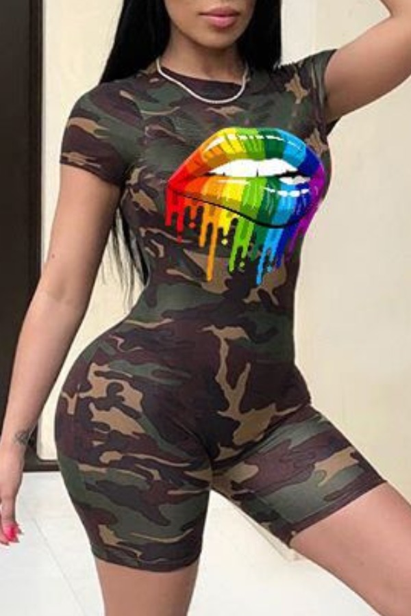 

lovely Leisure O Neck Camo Print Army Green Two-piece Shorts Set, Army green camouflag