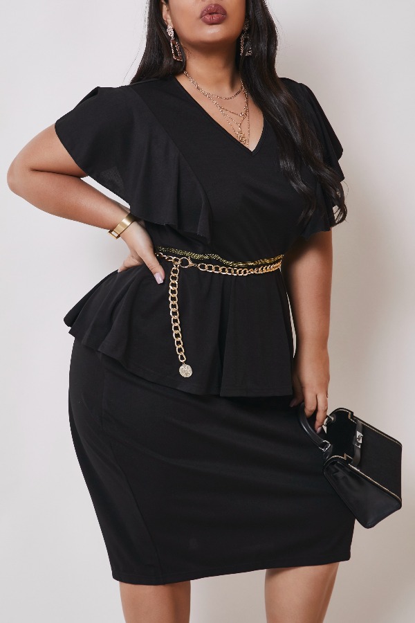 

lovely Stylish V Neck Flounce Design Black Knee Length Plus Size Dress