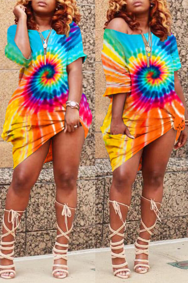 LW BASICS Plus Size Boat Neck Tie-dye Dress