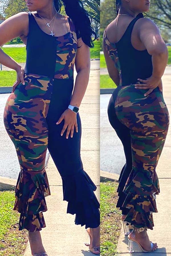 

lovely Trendy Print Patchwork Black One-piece Jumpsuit