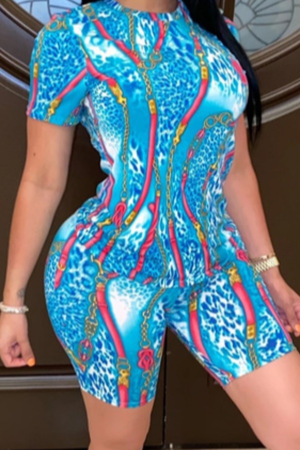 

lovely Leisure Print Skyblue Plus Size Two-piece Shorts Set