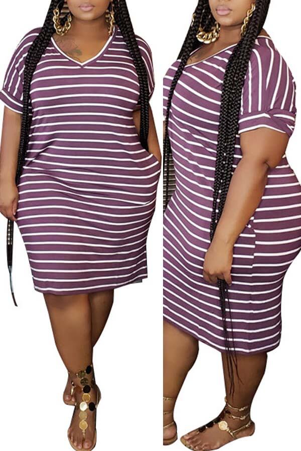 

Lovely Leisure Striped Purple Knee Length Plus Size Dress