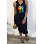 Lovely Leisure Lip Print Black Mid Calf Dress