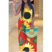 LW Bohemian V Neck Sunflower Print Red Maxi Dress