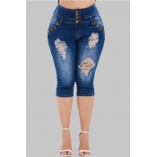 Lovely Casual Broken Holes Blue Plus Size Jeans