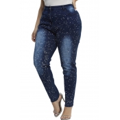 Lovely Chic Dot Print Navy Blue Plus Size Jeans