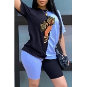 Lovely Casual Print Patchwork Black Two-piece Shor