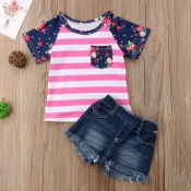 Lovely Casual Striped Rose Red Girl Two-piece Shor