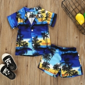 Lovely Casual Plants Print Deep Blue Boy Two-piece