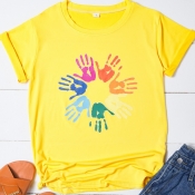 Lovely Casual O Neck Print Yellow T-shirt