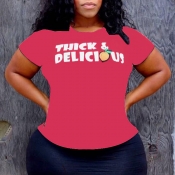 Lovely Casual Letter Printed Red Plus Size T-shirt