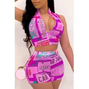 LW Sexy Letter Print Purple Two-piece Shorts Set