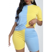 Lovely Casual O Neck Patchwork Yellow Two-piece Sh